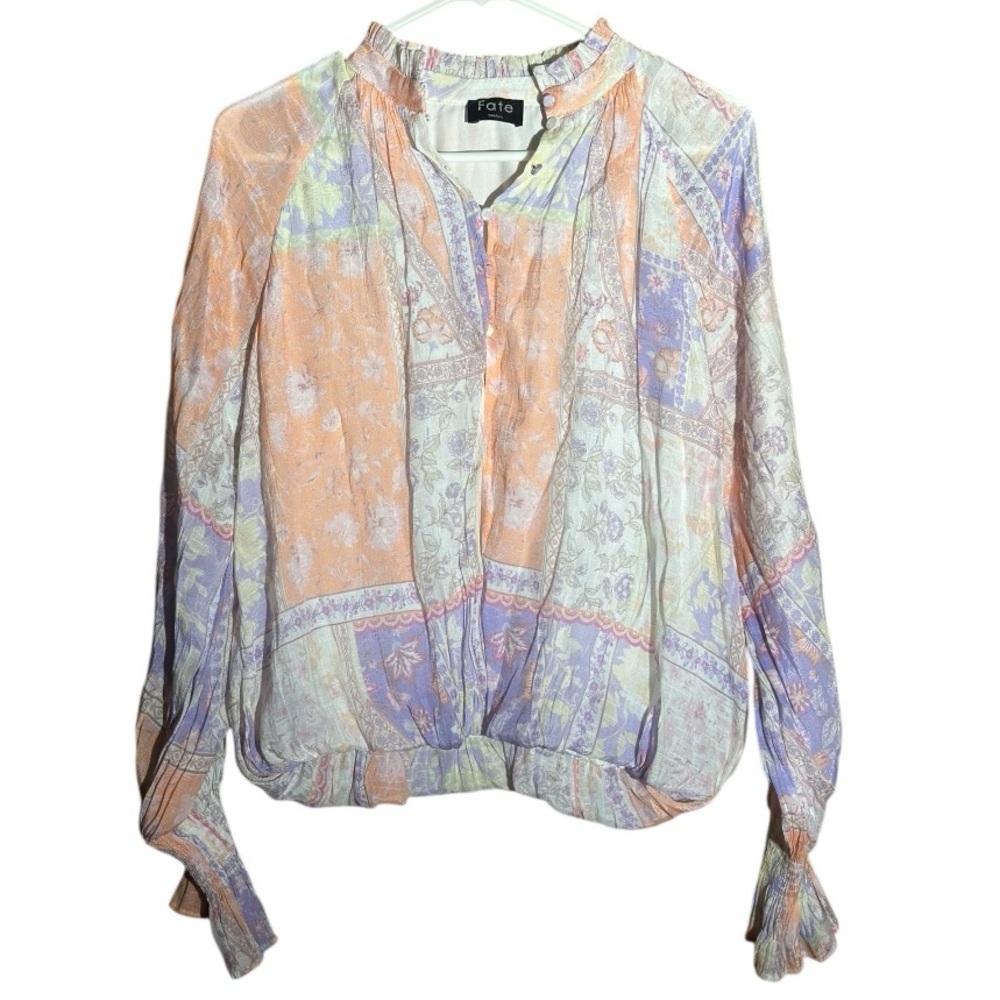 Fate Colorful Patchwork Bubble Sleeve Blouse Size Small 📦